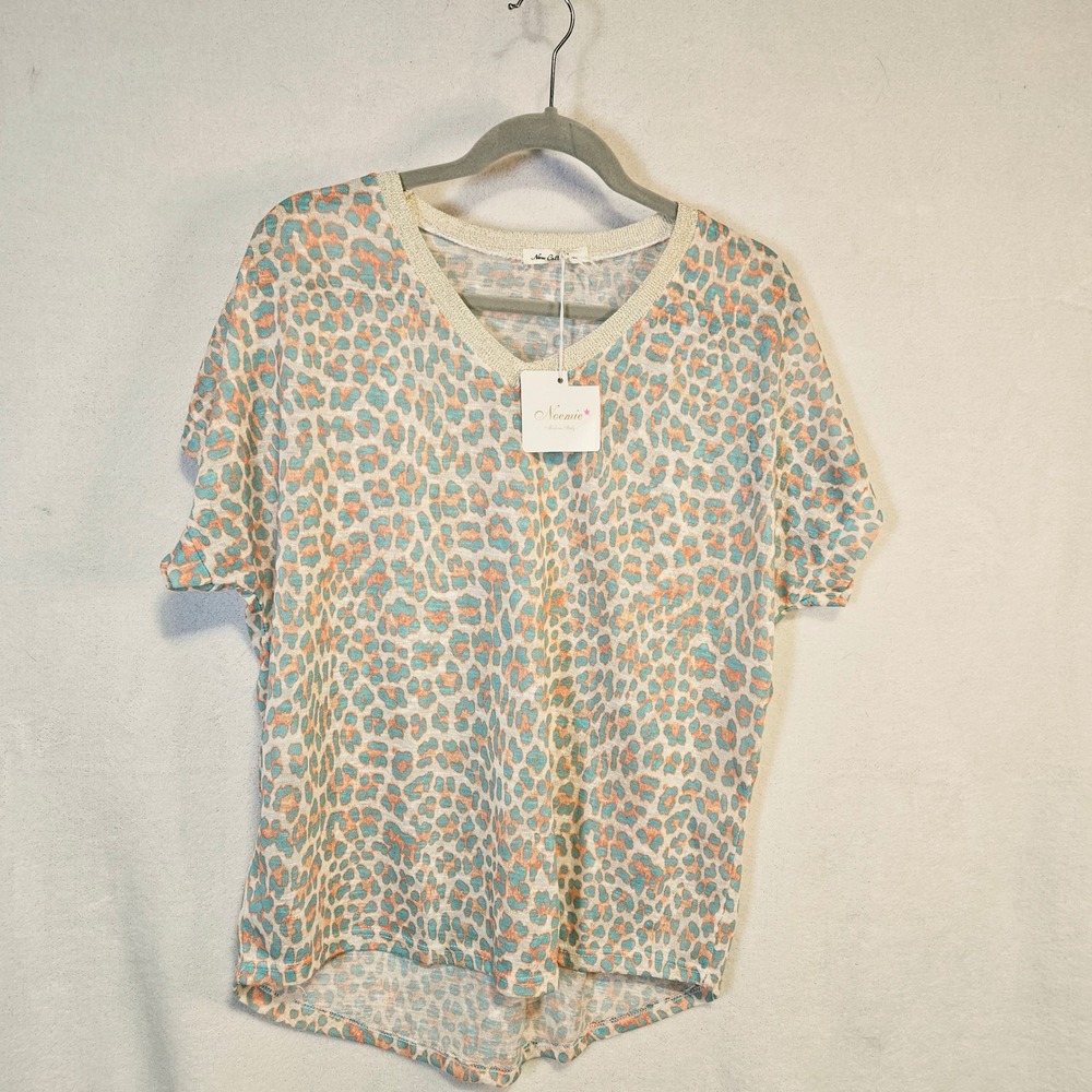 Noemie‎ Made in Italy Womens Teal Coral Leopard Print V-Neck Lurex Trim Top NEW